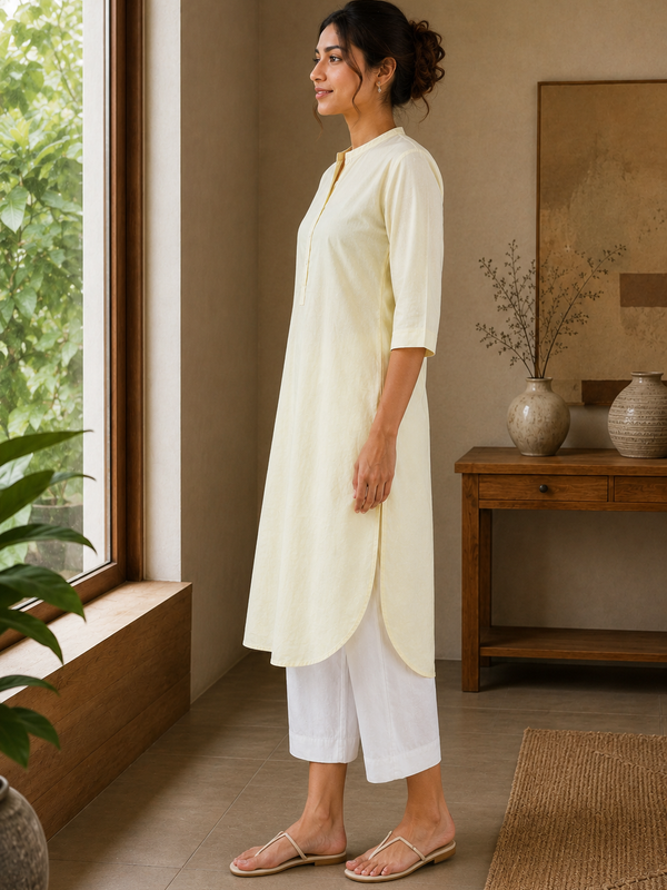 Elegant Ivory Straight Kurta with Wide Leg Pants