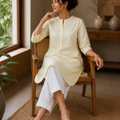 Elegant Ivory Straight Kurta with Wide Leg Pants