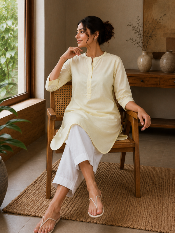 Elegant Ivory Straight Kurta with Wide Leg Pants