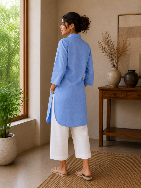 Women’s Light Blue Printed Straight Kurta with White Pants