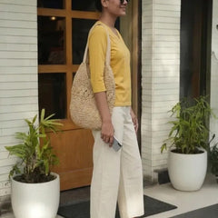 T Shirt Twist V Neck Elbow Slit Sleeve Beige