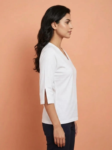 T Shirt Twist V Neck Elbow Slit Sleeve White