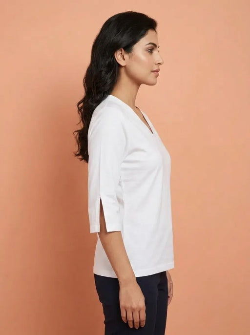T Shirt Twist V Neck Elbow Slit Sleeve White