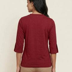 T Shirt Twist V Neck Elbow Slit Sleeve Burgungy