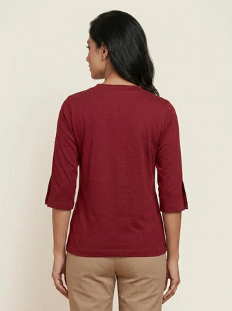 T Shirt Twist V Neck Elbow Slit Sleeve Burgungy