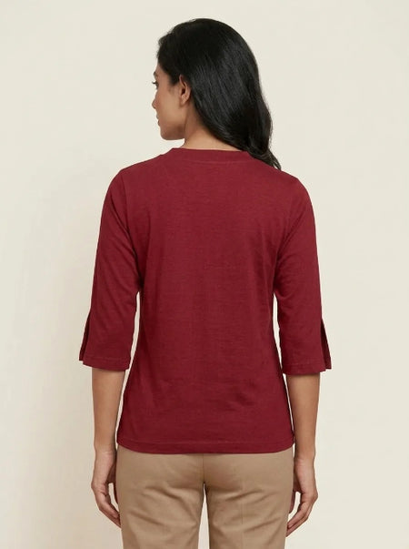 T Shirt Twist V Neck Elbow Slit Sleeve Burgungy