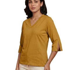 T Shirt Twist V Neck Elbow Slit Sleeve Beige