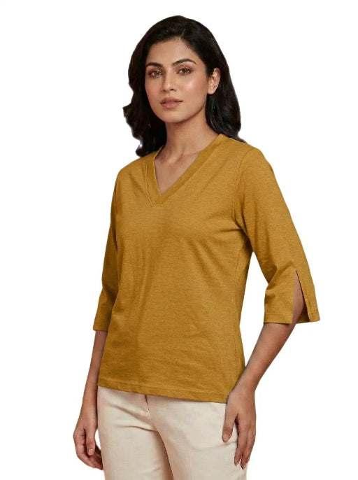 T Shirt Twist V Neck Elbow Slit Sleeve Beige