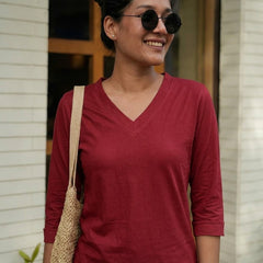 T- Shirt V  Neck Elbow  Sleeve Burgundy