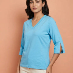 T Shirt Twist V Neck Elbow Slit Sleeve Aqua