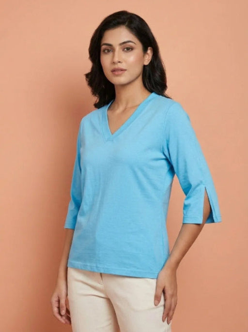 T Shirt Twist V Neck Elbow Slit Sleeve Aqua