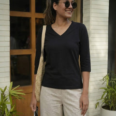 T Shirt Twist V Neck Elbow Slit Sleeve Black
