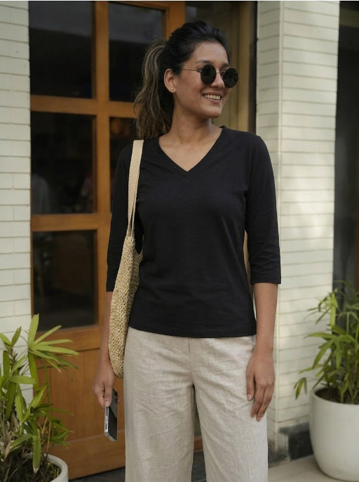 T- Shirt V  Neck Elbow  Sleeve Black