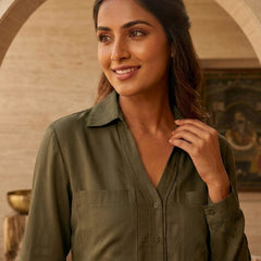 Cuff Less Full Sleeve Shirt with 2 Pockets Olive