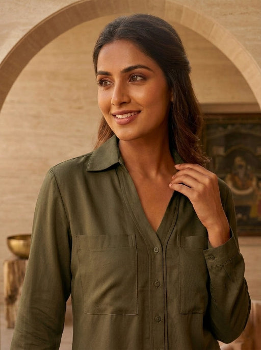 Cuff Less Full Sleeve Shirt with 2 Pockets Olive