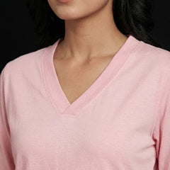 T Shirt Twist V Neck Elbow Slit Sleeve Pink