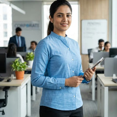 Cotton Chembrey Shirt with band & Cuff-Blue