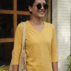 T Shirt Twist V Neck Elbow Slit Sleeve Beige