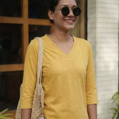 T- Shirt V  Neck Elbow  Sleeve Beige