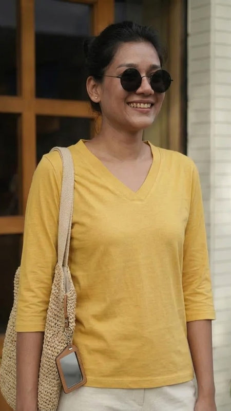 T-Shirt V  Neck Elbow  Sleeve Beige