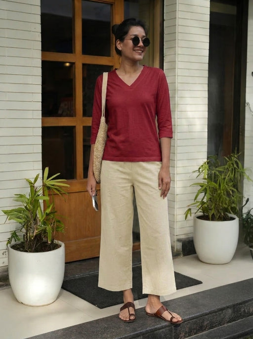 T- Shirt V  Neck Elbow  Sleeve Burgundy
