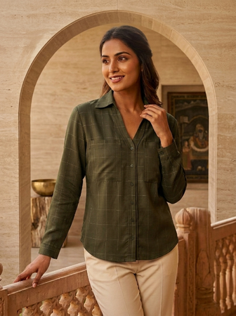 Cuff Less Full Sleeve Shirt with 2 Pockets Olive