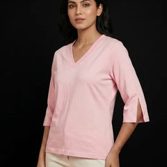 T Shirt Twist V Neck Elbow Slit Sleeve Pink