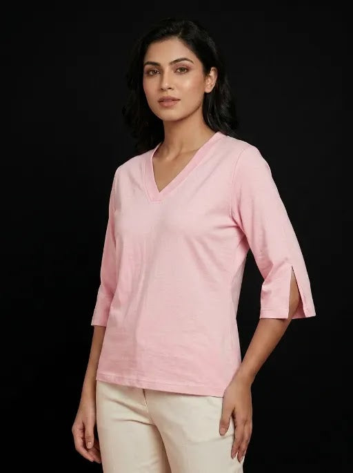 T Shirt Twist V Neck Elbow Slit Sleeve Pink
