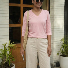T- Shirt V  Neck Elbow  Sleeve  Pink