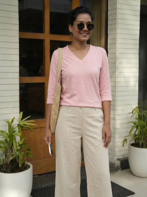 T- Shirt V  Neck Elbow  Sleeve  Pink