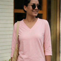 T- Shirt V  Neck Elbow  Sleeve  Pink