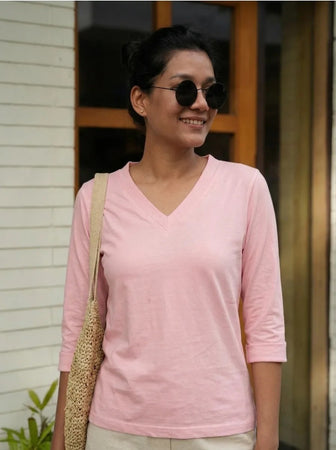 T- Shirt V  Neck Elbow  Sleeve  Pink