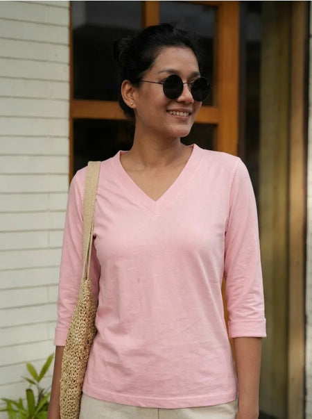T-Shirt V  Neck Elbow  Sleeve  Pink