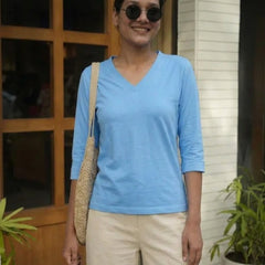 T Shirt Twist V Neck Elbow Slit Sleeve Aqua