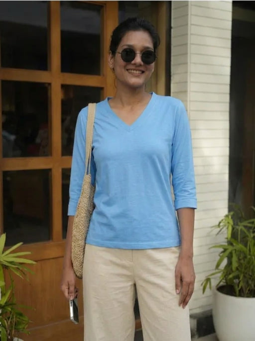T- Shirt V  Neck Elbow  Sleeve Aqua