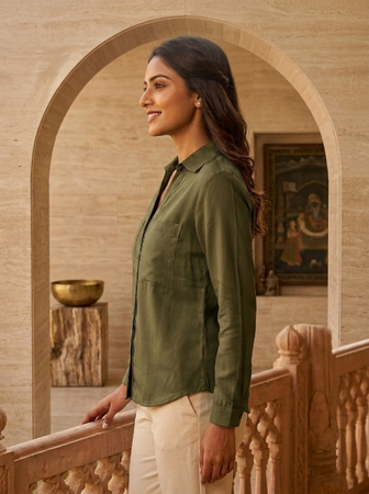 Cuff Less Full Sleeve Shirt with 2 Pockets Olive