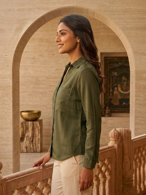Cuff Less Full Sleeve Shirt with 2 Pockets Olive