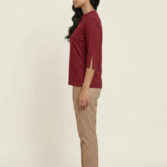 T Shirt Twist V Neck Elbow Slit Sleeve Burgungy