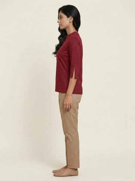 T Shirt Twist V Neck Elbow Slit Sleeve Burgungy