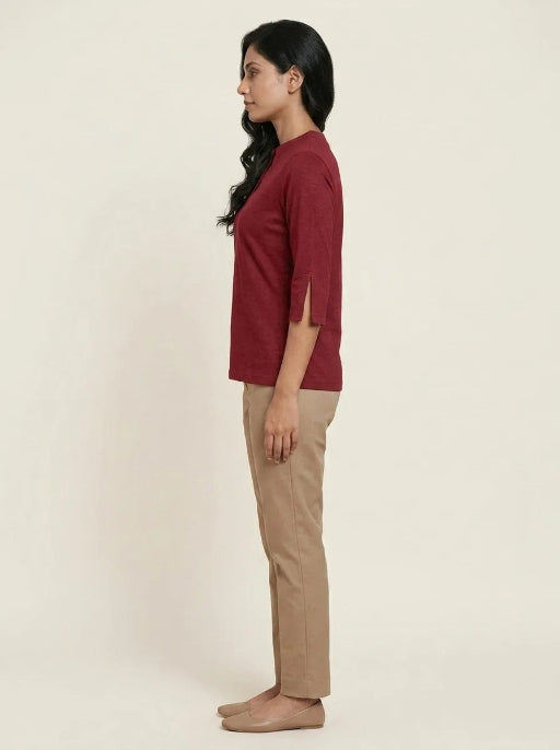 T Shirt Twist V Neck Elbow Slit Sleeve Burgungy
