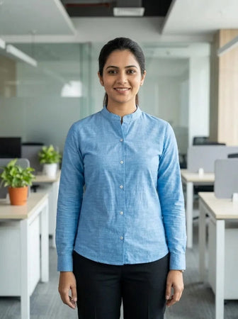 Cotton Chembrey Shirt with band & Cuff-Blue