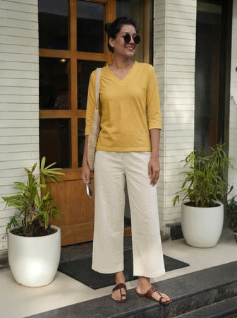 T- Shirt V  Neck Elbow  Sleeve Beige