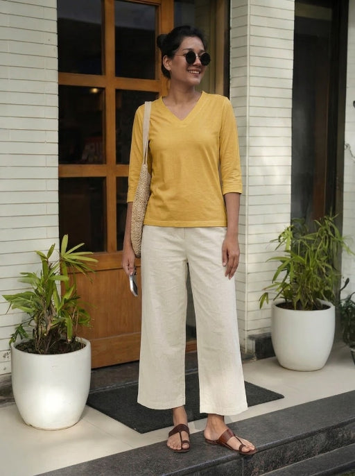 T- Shirt V  Neck Elbow  Sleeve Beige