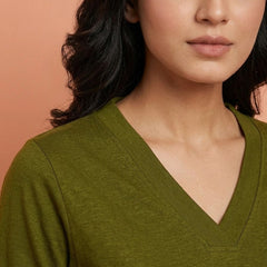 T Shirt Twist V Neck Elbow Slit Sleeve Olive