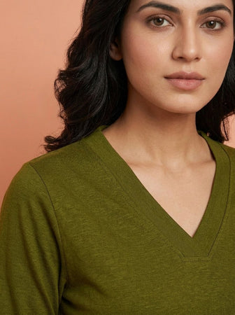 T Shirt Twist V Neck Elbow Slit Sleeve Olive