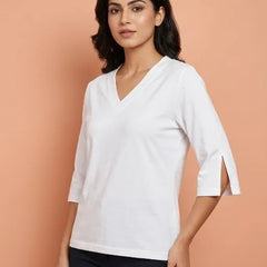 T Shirt Twist V Neck Elbow Slit Sleeve White