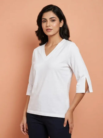 T Shirt Twist V Neck Elbow Slit Sleeve White