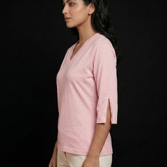 T Shirt Twist V Neck Elbow Slit Sleeve Pink