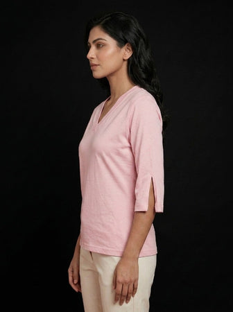 T Shirt Twist V Neck Elbow Slit Sleeve Pink