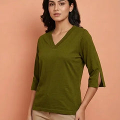 T Shirt Twist V Neck Elbow Slit Sleeve Olive